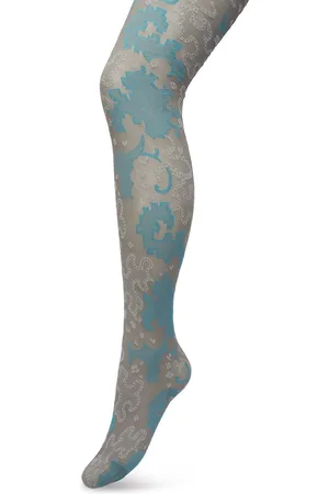 Bonnie Doon Grafische Panty 60 Denier Grijs/Blauw Dames maat L/XL - Grafische Print - Gladde Naden - Maximaal Draagcomfort - Ornament Tights - Chique Panty - Feestelijk - - BP221909.235