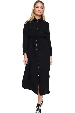 Trendyol Zwarte Geweven Taille Met Een Plooiende Riem Wear And Go Cape & Abaya Tctss23Kf00002