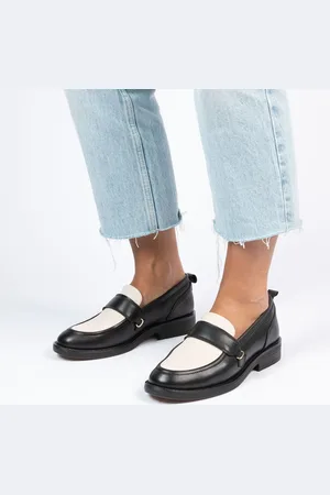 Manfield Dames - Zwarte leren loafers met witte details