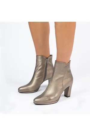 Manfield Dames - Goudkleurige leren enkellaarsjes met hak