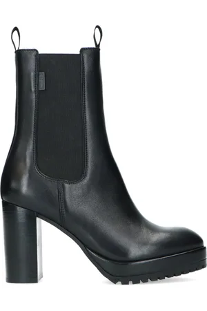 Manfield Dames - Zwarte leren chelsea boots met hoge hak