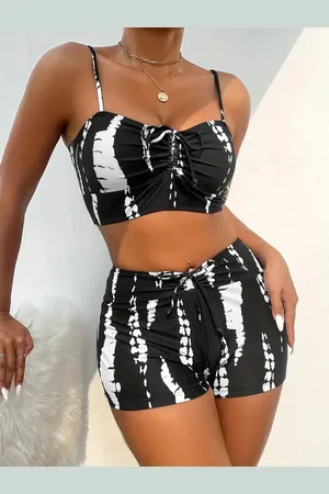 Merkloos Verleidelijke Bikini Set met Splitprint - Hoge Taille Badpak Strandkleding- Elegante Strikdetails en Stijlvolle Badmode voor Dames 296- Zwart