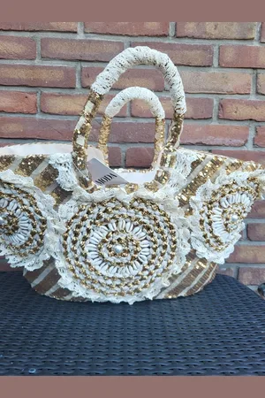 Merkloos Strandtas - Schelpjes - kant - pailletten - - creme - tas - beach - ibiza - boho - statement