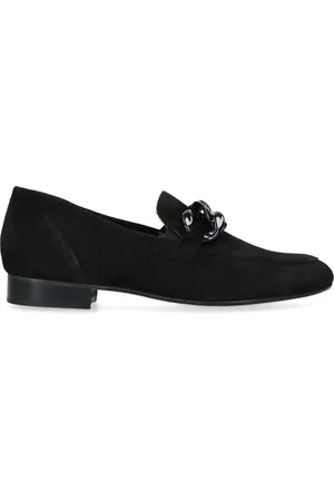 Manfield Dames - Zwarte suède loafers met chain