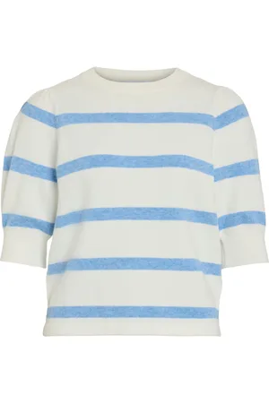 VILA Trui Viril 2/4 Sleeve O-neck Stripe Knit 14108479 White Alyssum/blissful Blue Dames
