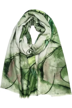 Merkloos Lange warme dames sjaal Marre fantasiemotief zwart olijf wit licht blauw bladgroen bruin mos mint roze
