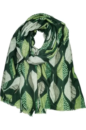 Merkloos Lange warme dames sjaal Lenna bladmotief wit olijf donker lime donker evergreen mos mint