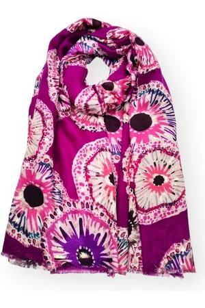 Merkloos Lange dames sjaal Madee fantasiemotief azalia wit roze bruin paars goud