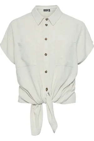 Pieces® Blouse Pcvinsty Ss Linen Tie Shirt Noos 17124357 Oatmeal Dames