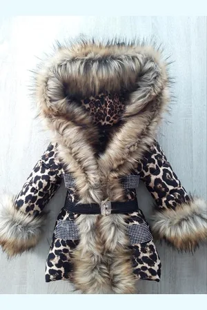 Merkloos Maat 56 Luxe Bontkraag winterjas baby Imitatiebont jas kind dierenprint jasje met grote bontkraag