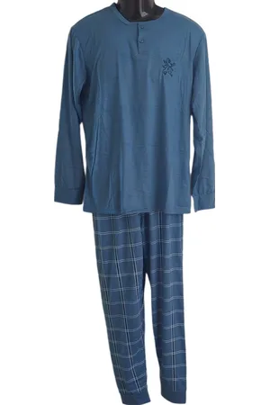 Merkloos Uniseks Pyjama set Dames & Heren - 2 Delig - Kleur Lichtblauw/Wit - Geruite Broek