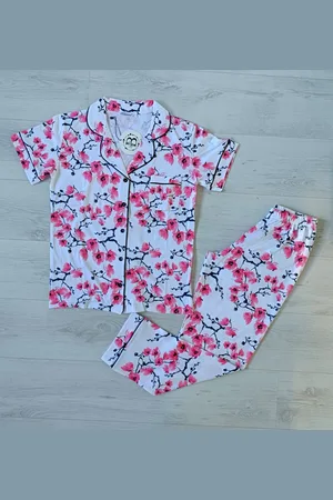 Merkloos Dames 2- Delige -Pyjama- Luxe Pyjamaset- Nachtkleding- Homewear -Katoen- Cadeauset voor Vrouwen- Zomer- Bloemen Print