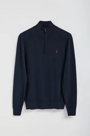 Polo Club® Gebreide marineblauwe trui met rits en geborduurd Rigby Go-logo