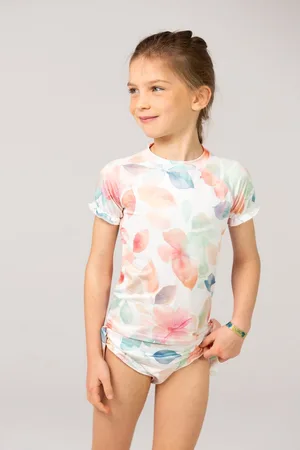 Ducksday UV Zwemset - T-shirt korte mouw met omkeerbare bikinibroek - voor meisjes - UPF 50+ - Tweedelig - sneldrogend - Bliss - Bloemen Pastel Roze