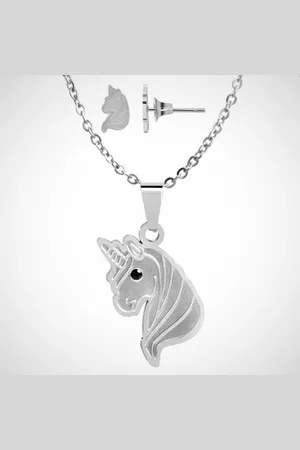 Zilver Sieradenset van roestvrij staal, ketting en oorknopjes, eenhoorn, kleurig