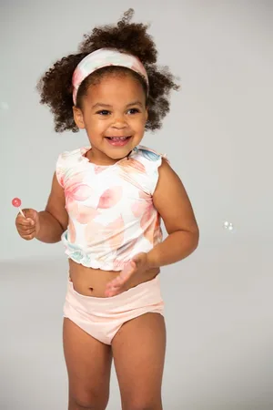 Ducksday Omkeerbare baby tankini met haarlint - voor meisjes - UPF 50+ - Driedelige zwemset - Bliss - Bloemen - Pastel roze