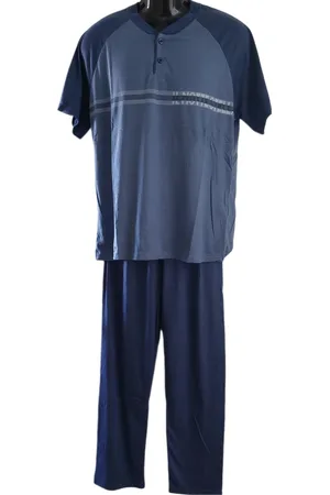 Merkloos Uniseks Pyjama set Dames & Heren - 2 Delig - Kleur Donkerblauw/Lichtblauw - Horizontale streep met tekst