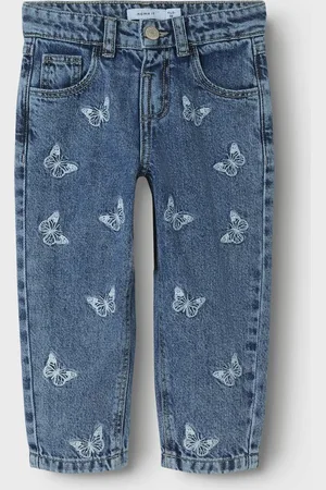 NAME IT Mini meisjes spijkerbroek BELLA Medium Blue Denim EMB BUTTERFLY Mom Fit
