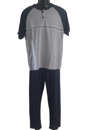 Merkloos Uniseks Pyjama set Dames & Heren - 2 Delig - Kleur Donkerblauw/Grijs - Horizontale streep met tekst