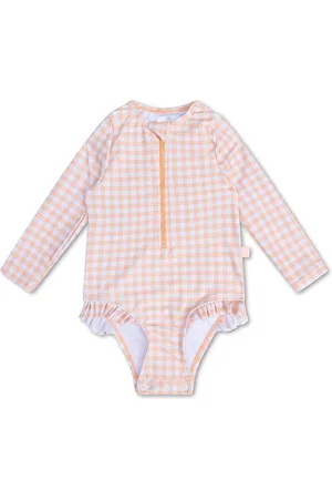 Swim Essentials | Oranje/Wit Geruit Meisjes UV Badpak met lange mouwen