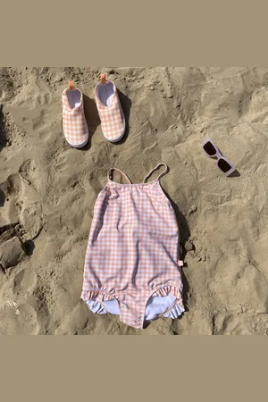 Swim Essentials | Oranje/Wit Geruit Meisjes UV Badpak