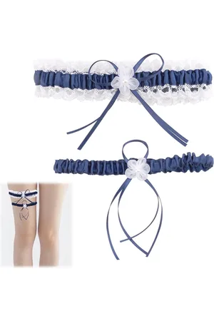 Merkloos Elastische blauwe bruiloftskousenband - Wit kanten en satijnen lint cadeau voor de bruid