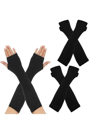 Merkloos Lange armwarmers - 2 paar vingerloze thermo-gebreide handschoenen met duimgat - Zwart 30X7cm, voor dames en heren