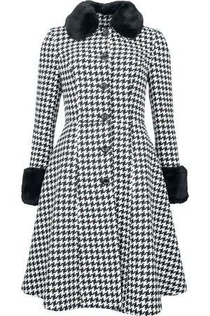 Voodoo Vixen Houndstooth Faux Fur Trim Coat Lange jassen zwart-wit XXL Dames