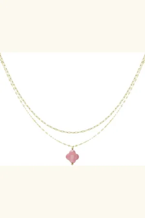 Yehwang Dubbele ketting met klaver hanger - Natuurstenen collectie Pink & Gold - Stainless Steel