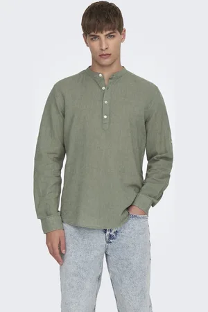Only & Sons Poloshirt Onscaiden Ls Halfplackt Linen Shirt 22009883 Swamp Mannen