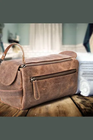 Merkloos Toilettas voor heren, MOONSTER® handgemaakt Necessaire van echt leer, robuuste, compacte en praktische reis-wastas met vakken en grote opbergruimte, , Small, cosmeticatasje