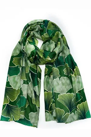 Merkloos Lange dames sjaal Leida bladmotief wit goud donker evergreen smaragd donker lime stone