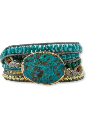 Marama - edelsteen amazoniet - damesarmband - gouden details - grijs leer - kralen - 3 sluitingen - one size fits all