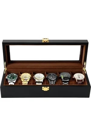 Merkloos 6-Sleuven Houten Horloge Organizer Doos met Echt Glazen Blad - Sieraden Opslag Vitrine voor Mannen, Vader, Echtgenoot, Jongen Vriend