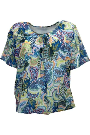 Merkloos Pink Lady dames blouse - E101 - /groen print - KM - ronde hals - maat L
