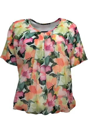 Merkloos Pink Lady dames blouse - E101 - /groen print - KM - ronde hals - maat L