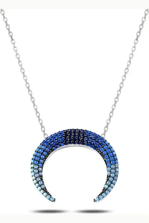 Zilver 925 Sterling en Ketting met Blauwe Nano Stenen – Omgekeerde Halve Maan Hanger | Minimalistische Vrouwelijke Ketting | Spirituele Maan Ketting