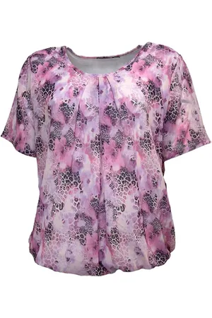 Merkloos Pink Lady dames blouse - E101 - /wit print - KM - ronde hals - maat L