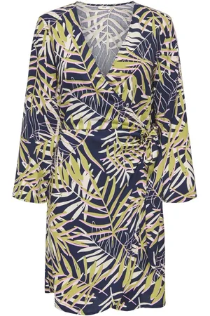 JDY SEZEN LIFE 7/8 SHORT DRESS WVN NOOS Dames Jurk - Black Iris 01_25_18 Multi Tropical Leaves