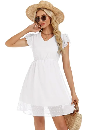 Merkloos Zomerjurken voor dames, geplooide mouwen, V-halsjurk, casual swing, elastische taille, knielange strandjurk L