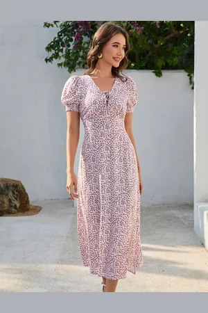 Merkloos Damesjurk Zomer V-hals Zomerjurk Maxi Korte Mouw met Bloemenpatroon Elegante Wikkeljurk Strandjurk Feestjurk Casual Jurk M