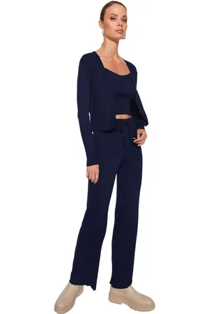 Trendyol Blauw Geribbeld Blousevest, Broek, Gebreide Kleding, Tweedelige Set Twoaw22Au0006