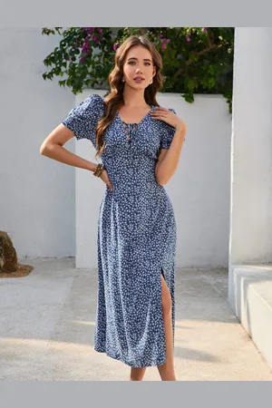 Merkloos Damesjurk Zomer V-hals Zomerjurk Maxi Korte Mouw met Bloemenpatroon Elegante Wikkeljurk Strandjurk Feestjurk Casual Jurk M