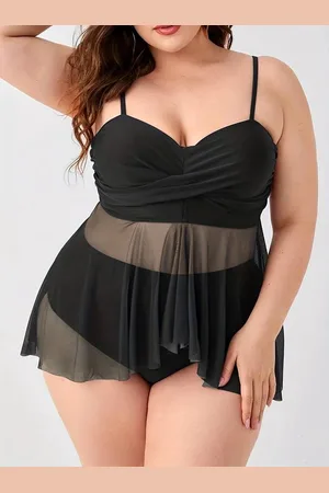 Merkloos Tankini- 2-delig Plus Size Vacay Doorschijnende jurk- Dames Plus Effen Wikkel Kruis Asymmetrische Rand Cami Top en Slip- Badmode Bikini Zwempak Badpak Strandkleding 211- Zwart