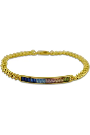 Silventi 9SIL-21743 Zilveren Armband - Dames - Zirkonia - Baguette - Regenboog Kleur - Rond Gourmette Schakel - 4,8 mm Breed - 20 cm Lengte - Zilver - Gold Plated (Verguld/Goud op Zilver)
