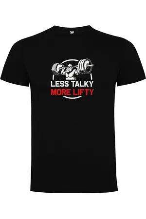 Merkloos Zwart T-Shirt met Kleurrijke print ??? Less Talky More Lifty ??? Minder praten meer tillen ??? Bodybuilden ??? Dumbell - Sport ??? Humor ??? Zet Door ??? Niet opgeven ??? Print Full Color