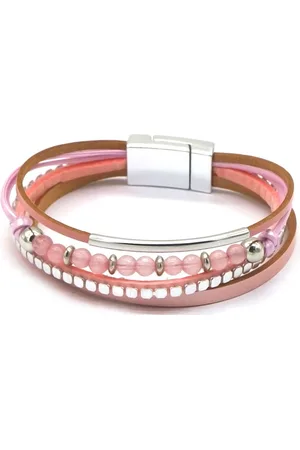 DIelay Armband Dames - 4 Stroken Leer - Steentjes - 19 cm