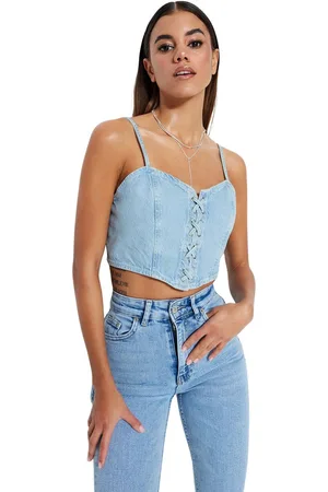 Trendyol Witte Bird Eye Tie Detail Sweetheart Neck Getailleerd Crop Denim Bustier Twoss23Bs00010
