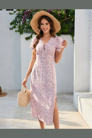 Merkloos Damesjurk Zomer V-hals Zomerjurk Maxi Korte Mouw met Bloemenpatroon Elegante Wikkeljurk Strandjurk Feestjurk Casual Jurk XL