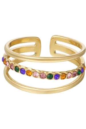 Yehwang Ring met verschillende lagen en gekleurde steentjes - - Ring - One size - Stainless Steel (verkleurt niet!) - Goud/Multi
